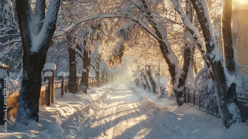 Fototapeta premium A snowy pathway lined with trees, illuminated by soft sunlight. The ground is covered in fresh snow, creating a serene winter scene.