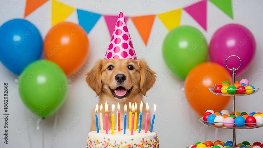 Obraz premium Adorable Golden Retriever Puppy Wearing Party Hat Celebrates Birthday With Cake and Balloons.