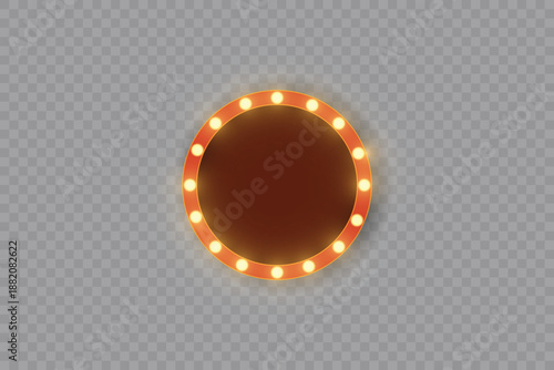 Marquee light frame with bulb glowing. Realistic retro banner 3d, red casino or circus sign, red neon cinema box, empty frame with gold lights and shadow. Vector illustration.