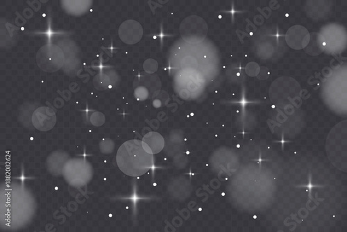 Realistic snow fallen on dark transparent background. Abstract dust particles, white confetti winter png bg. Christmas wallpaper poster elements, flyer, new year card, realistic vector snow powder.