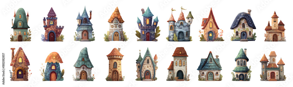 Fototapeta premium houses fairytale cartoon set. Magical stone house castle tower, fairies gnomes fairytale rustic cozy childhood game book design magical world vector illustration