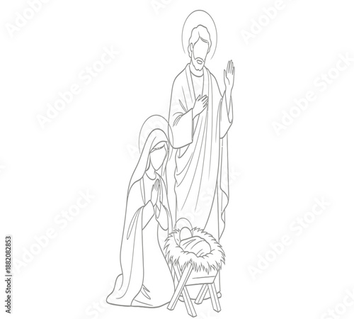Line art depiction of the nativity scene with jesus mary and a manger