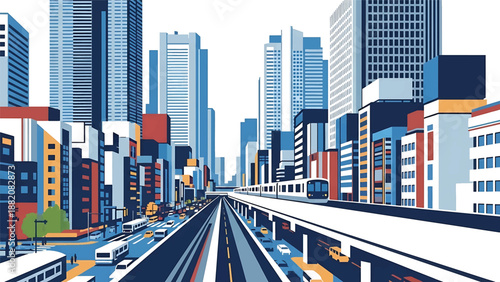 Modern Tokyo cityscape vector illustration showing a dense Japanese metropolis with generic skyscrapers, rail lines, and urban streets in flat solid colors, ideal for travel, business, and city themes