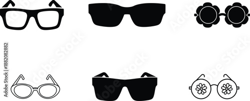 Collection of various eyeglasses and sunglasses in black and white