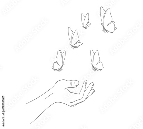 A delicate hand gently offering freedom as butterflies gracefully flutter around it