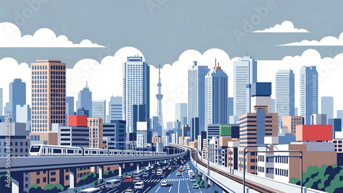 Modern Tokyo cityscape vector illustration showing a dense Japanese metropolis with generic skyscrapers, rail lines, and urban streets in flat solid colors, ideal for travel, business, and city themes