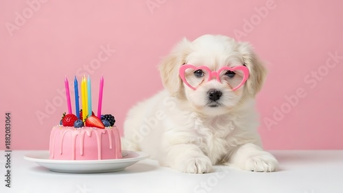 Adorable white puppy wearing pink heart glasses next to a birthday cake.