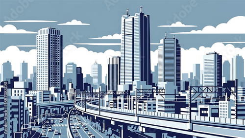 Modern Tokyo cityscape vector illustration showing a dense Japanese metropolis with generic skyscrapers, rail lines, and urban streets in flat solid colors, ideal for travel, business, and city themes