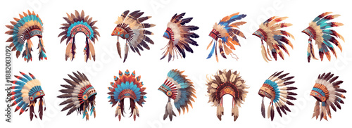 Indian headdress. Indians, chief tribe warrior feathers element traditional ethnic flower decoration masquerade ancient wild custom America vector illustration