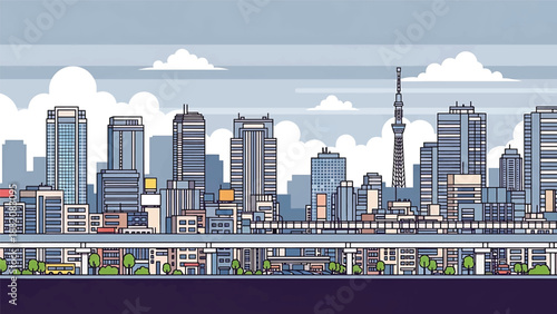 Modern Tokyo cityscape vector illustration showing a dense Japanese metropolis with generic skyscrapers, rail lines, and urban streets in flat solid colors, ideal for travel, business, and city themes
