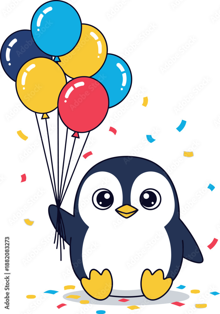 Obraz premium A cartoon penguin holds colorful balloons and confetti on a white background happily.