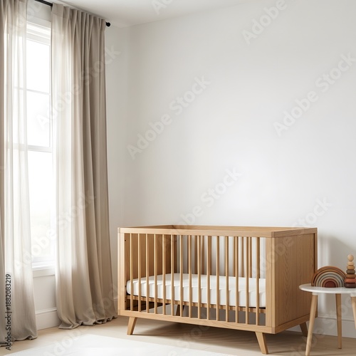 Warm natural light illuminates a minimalist nursery with a wooden crib and a small side table holding a rainbow stacking toy.