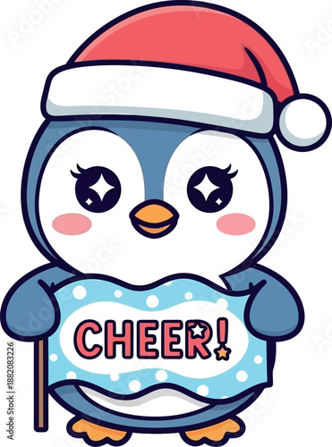 Cute penguin in Santa hat holds cheer sign