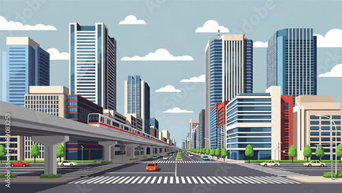 Modern Tokyo cityscape vector illustration showing a dense Japanese metropolis with generic skyscrapers, rail lines, and urban streets in flat solid colors, ideal for travel, business, and city themes