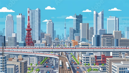 Modern Tokyo cityscape vector illustration showing a dense Japanese metropolis with generic skyscrapers, rail lines, and urban streets in flat solid colors, ideal for travel, business, and city themes