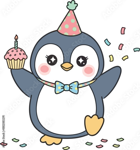 A cartoon penguin celebrates with cupcake and confetti on a festive day