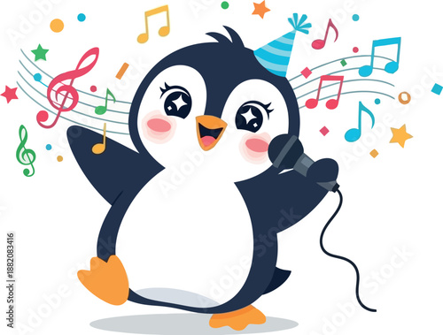 A cartoon penguin sings into a microphone surrounded by musical notes and stars, illustration.