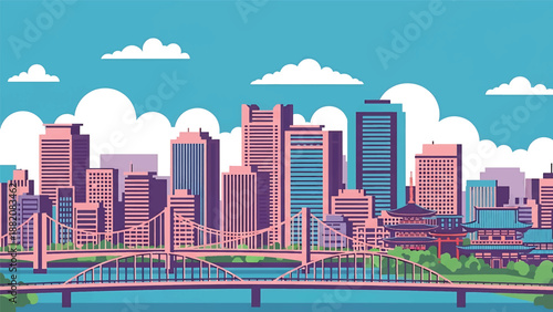 Osaka cityscape vector illustration featuring a lively Japanese urban skyline with generic buildings and river bridges in flat solid colors, perfect for travel, culture, and modern city background con
