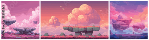 island stone Floating background. Pink cloudy cartoon game level set, rock cloud sky digital graphics computer arcade game vector illustration
