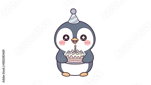 A cartoon penguin wearing a party hat holds a cake with candles