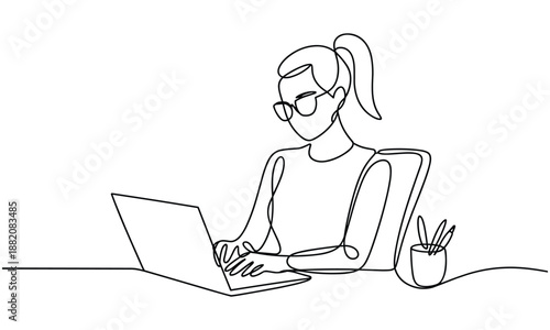 Continuous line drawing of a woman working on a laptop