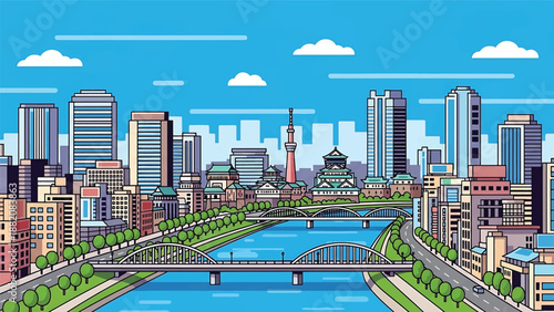 Osaka cityscape vector illustration featuring a lively Japanese urban skyline with generic buildings and river bridges in flat solid colors, perfect for travel, culture, and modern city background con