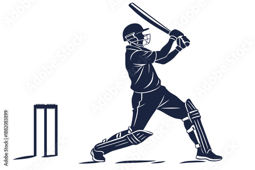 Cricket batsman silhouette playing a batting shot with wickets on white background, cricket batsman hitting ball vector illustration