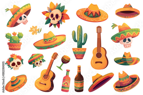 Mexican holiday cartoon set. Sombrero skull cactus guitar, Mexico Day of the Dead culture traditional decoration decorative masquerade mask festival vector illustration