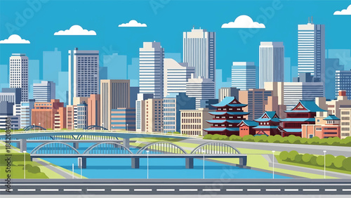 Osaka cityscape vector illustration featuring a lively Japanese urban skyline with generic buildings and river bridges in flat solid colors, perfect for travel, culture, and modern city background con