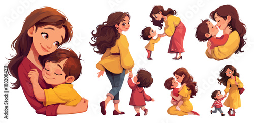 Moms cartoon set. mom girl brunette yellow red dress, woman motherhood love Mothers Day nanny child vector illustration