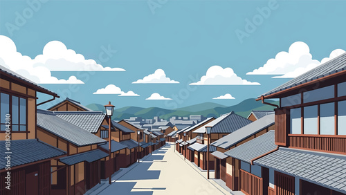 Kyoto cityscape vector illustration combining traditional and modern Japanese urban elements with generic low-rise buildings and calm streets in flat solid colors for cultural and travel design use
