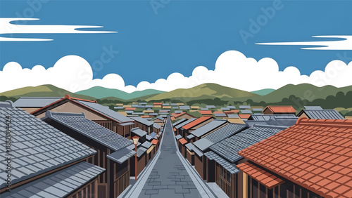 Kyoto cityscape vector illustration combining traditional and modern Japanese urban elements with generic low-rise buildings and calm streets in flat solid colors for cultural and travel design use