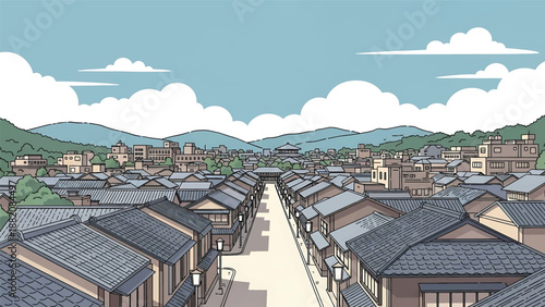 Kyoto cityscape vector illustration combining traditional and modern Japanese urban elements with generic low-rise buildings and calm streets in flat solid colors for cultural and travel design use