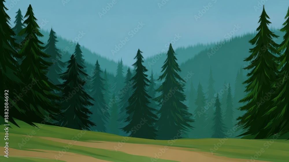 Fototapeta premium a cartoon forest background with tall trees, grass, and dirt paths