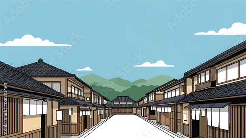 Kyoto cityscape vector illustration combining traditional and modern Japanese urban elements with generic low-rise buildings and calm streets in flat solid colors for cultural and travel design use