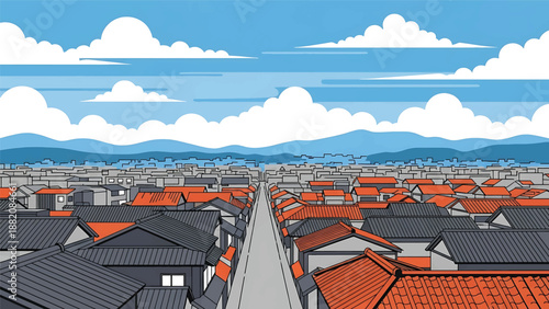 Kyoto cityscape vector illustration combining traditional and modern Japanese urban elements with generic low-rise buildings and calm streets in flat solid colors for cultural and travel design use
