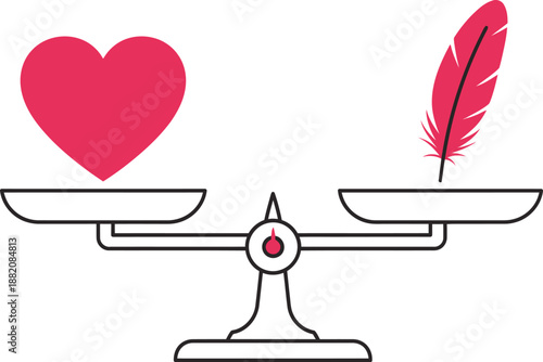 Mechanical balance scale weighing heart against feather representing soul judgment and emotional lightness vector icon