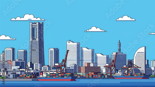 Yokohama cityscape vector illustration showing a waterfront Japanese city with generic port buildings and modern skyline in flat solid colors, ideal for travel, business, and coastal city visuals