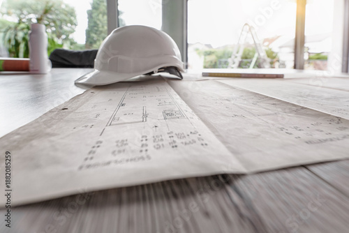  Architect rolls and architectural plan,technical project drawing