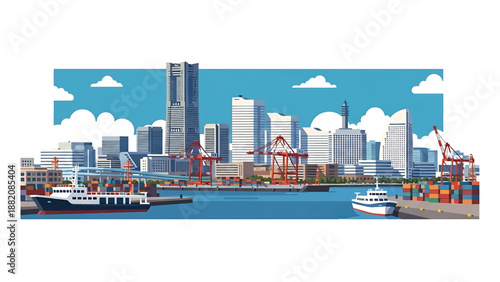 Yokohama cityscape vector illustration showing a waterfront Japanese city with generic port buildings and modern skyline in flat solid colors, ideal for travel, business, and coastal city visuals