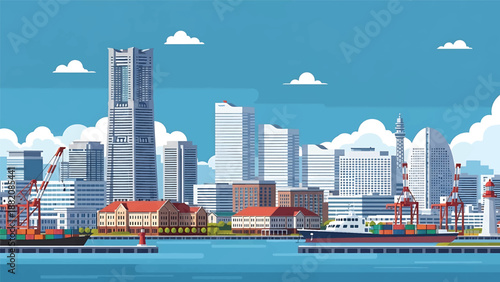 Yokohama cityscape vector illustration showing a waterfront Japanese city with generic port buildings and modern skyline in flat solid colors, ideal for travel, business, and coastal city visuals