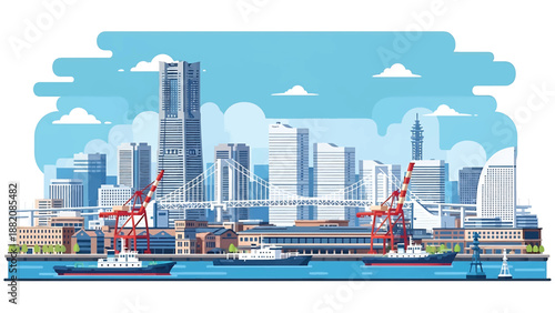 Yokohama cityscape vector illustration showing a waterfront Japanese city with generic port buildings and modern skyline in flat solid colors, ideal for travel, business, and coastal city visuals