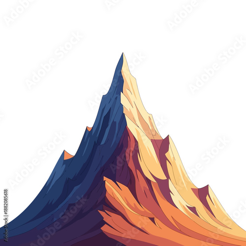 A vibrant illustration of a mountain peak with colorful gradients displayed prominently against a simple background from a frontal viewpoint