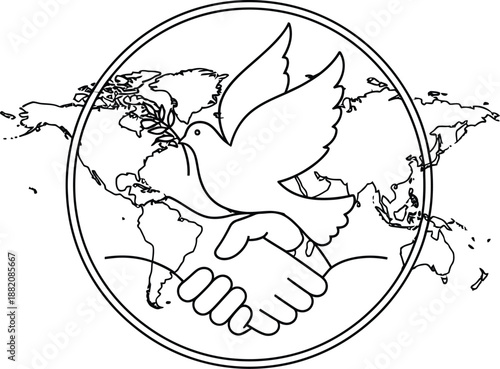 Line art illustration symbolizing global peace through international cooperation depicted by a dove holding an olive branch over a handshake and world map.