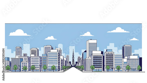 Sapporo cityscape vector illustration depicting a spacious northern Japanese city with wide streets, generic buildings, and open sky in flat solid colors for travel and urban design themes