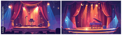 scenes background cartoon set. Stage, theater telecast red curtain curtains microphone piano piano scenery spotlight concert vector illustration