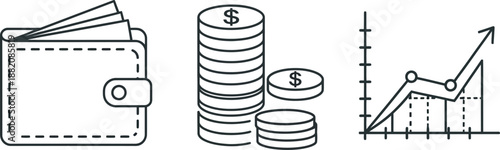 Financial concept line art icons illustrating a wallet with cash stacked coins and a continuously increasing growth chart representing investment performance