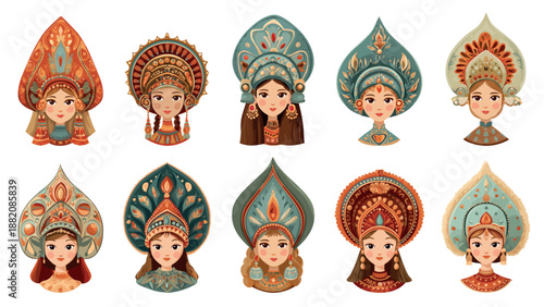 Slavic woman portrait set. Tsarina boyar princess, girl wearing traditional Russian kokoshnik royal headdress costume headdress Vector illustration