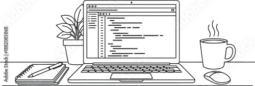 Minimalist black and white line art illustration depicting a clean workspace setup featuring a laptop displaying code alongside essential office supplies.
