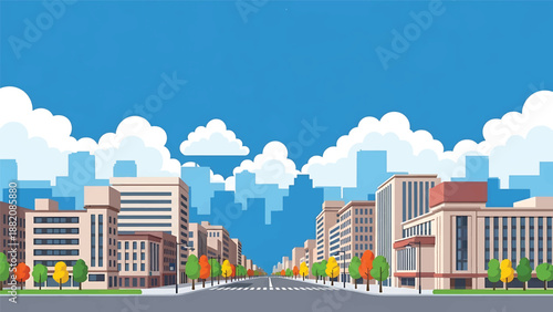 Sapporo cityscape vector illustration depicting a spacious northern Japanese city with wide streets, generic buildings, and open sky in flat solid colors for travel and urban design themes